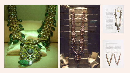 A display of two antique Asif Jahi necklaces featuring pearls and green gemstones, alongside line drawings of similar jewelry pieces from a book.