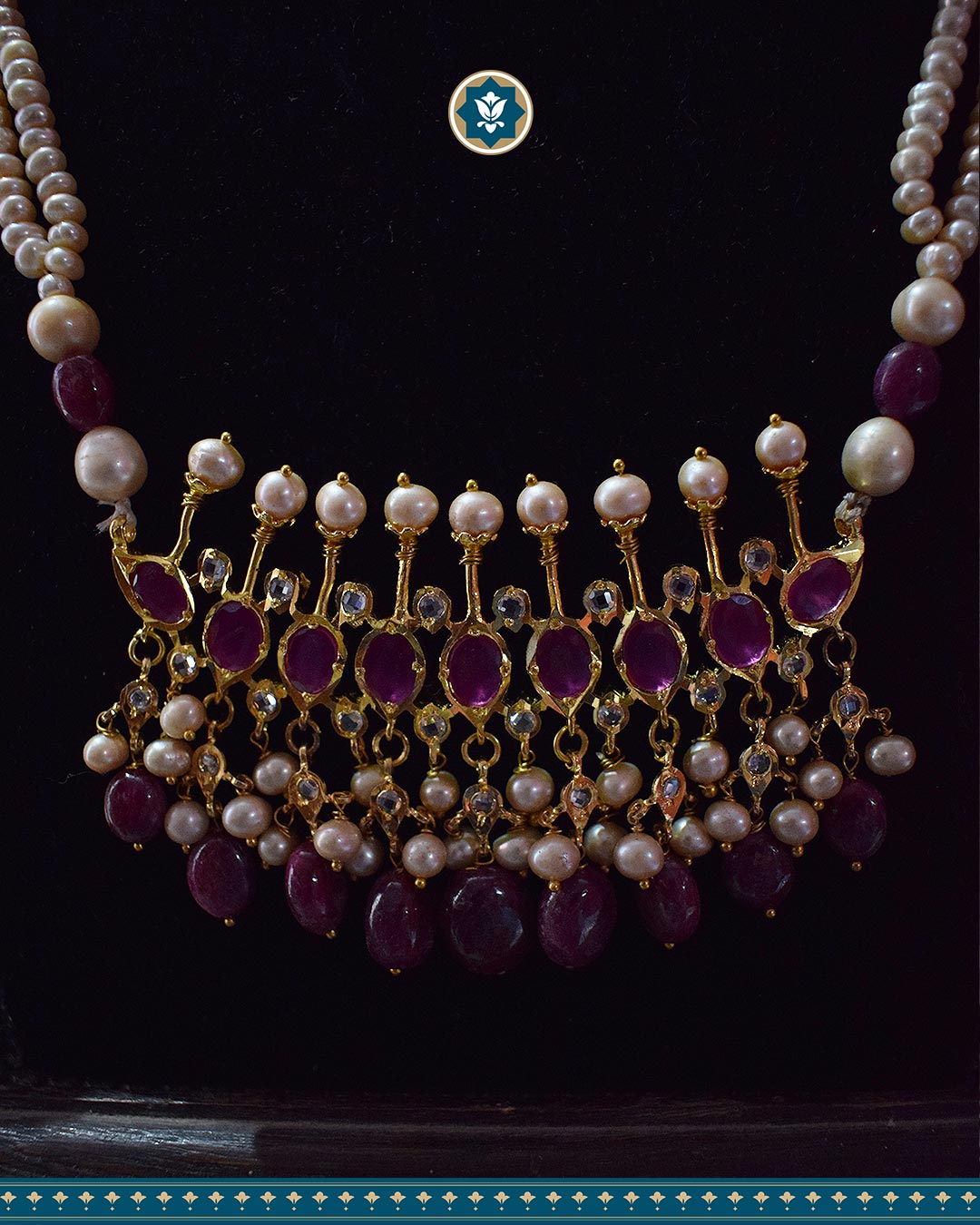 Hyderabadi Jadau Tirmani Necklace Set: Pearls & Ruby Delight (Essential 2)