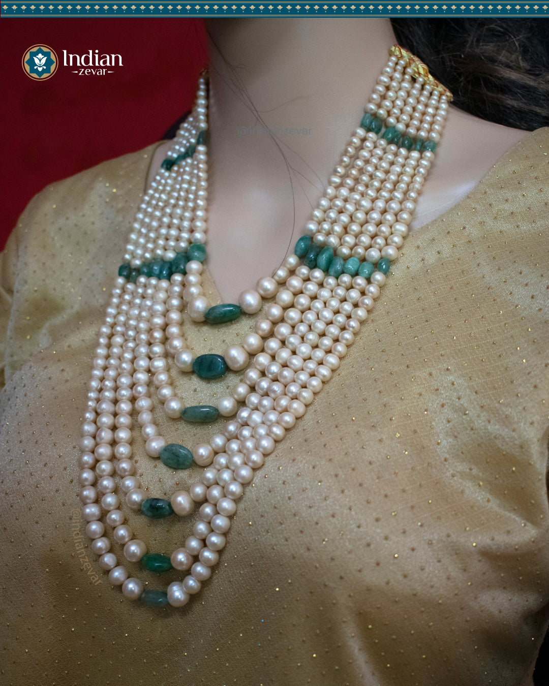A stunning seven-strand necklace featuring freshwater pearls that gradually transition into a vibrant emerald color. The necklace is made with meticulous beadwork and is perfect for special occasions.