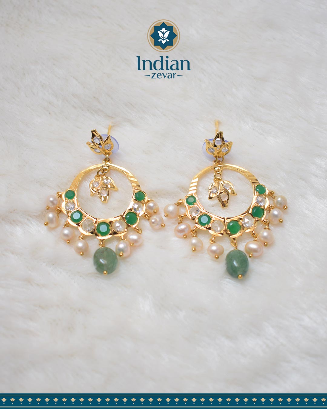Sparkling Hyderabadi Chandbali Earrings: Pearls & Strawberry Emeralds (Essential 1)