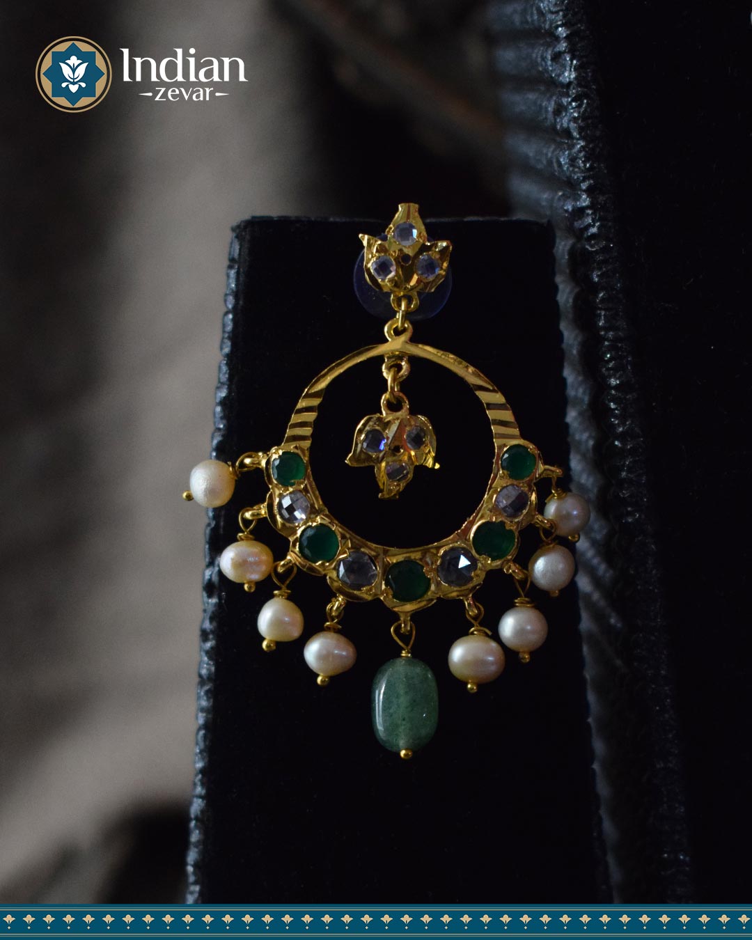 Sparkling Hyderabadi Chandbali Earrings: Pearls & Strawberry Emeralds (Essential 1)