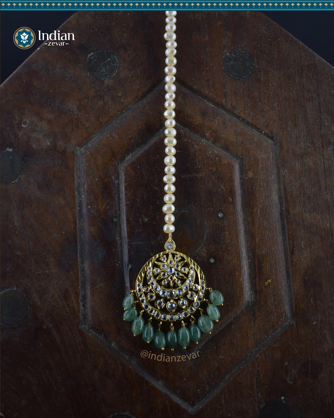 Sparkling Hyderabadi Jadau Maang Tika: Real Pearls & Aventurine Elegance (Essential 1)