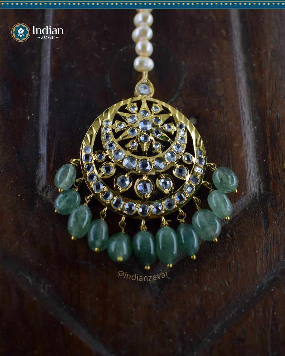 Sparkling Hyderabadi Jadau Maang Tika: Real Pearls & Aventurine Elegance (Essential 1)