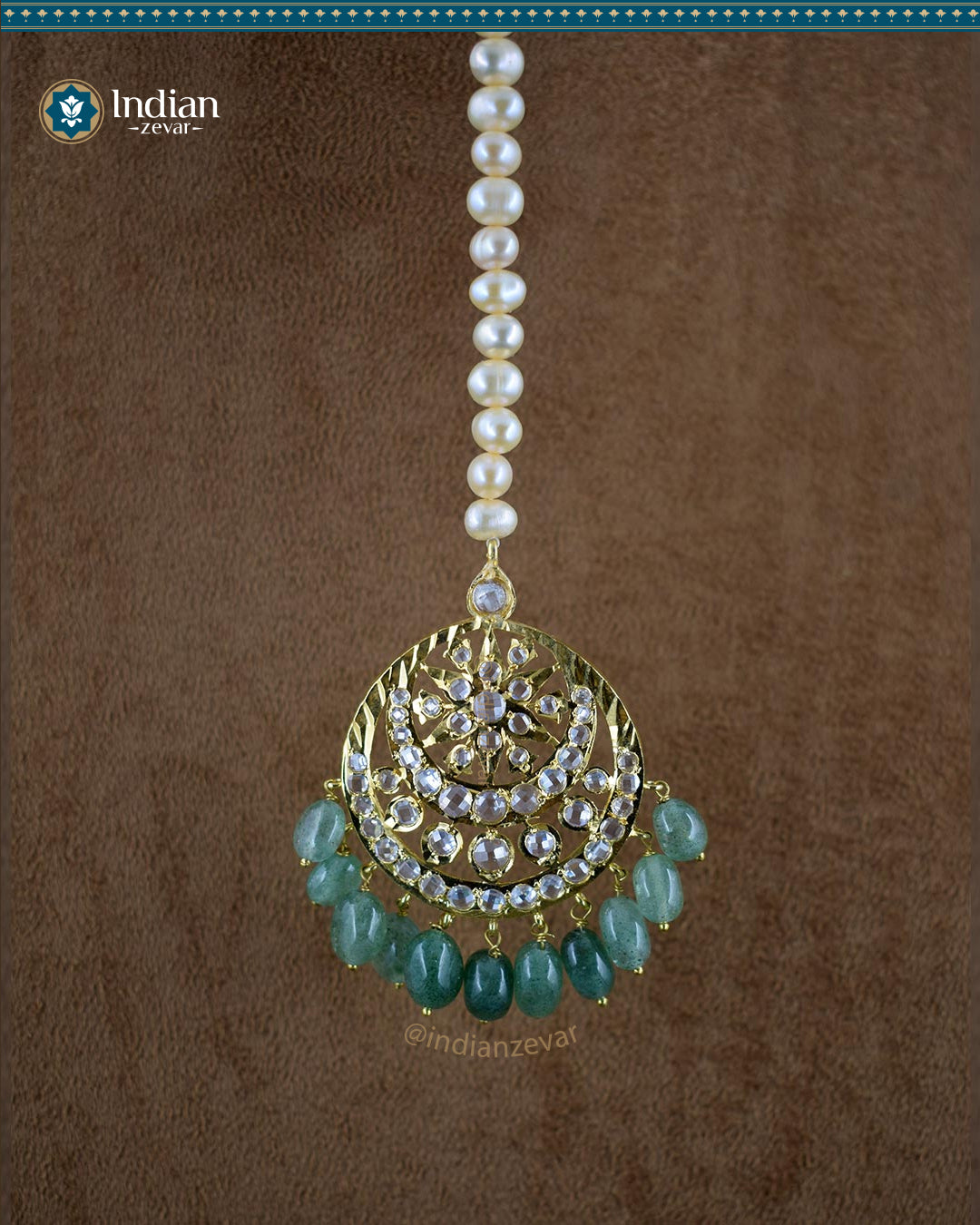 Sparkling Hyderabadi Jadau Maang Tika: Real Pearls & Aventurine Elegance (Essential 1)
