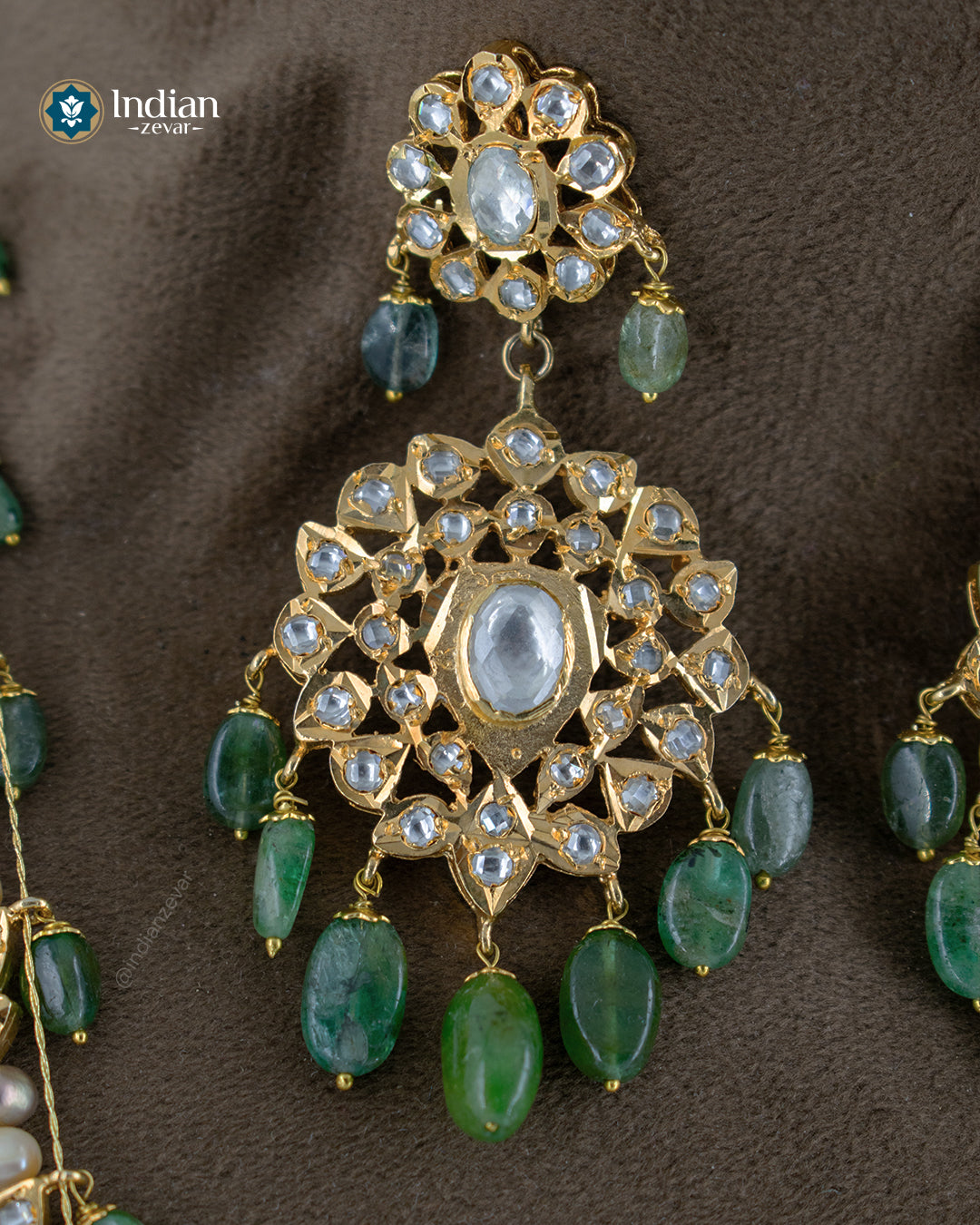 Hyderabadi Jadau Asif Jahi Haar Necklace Set – Rani Haar Bridal Necklace with Earrings | Pearls, Zambian Emeralds & Pachi Polki by Indian Zevar