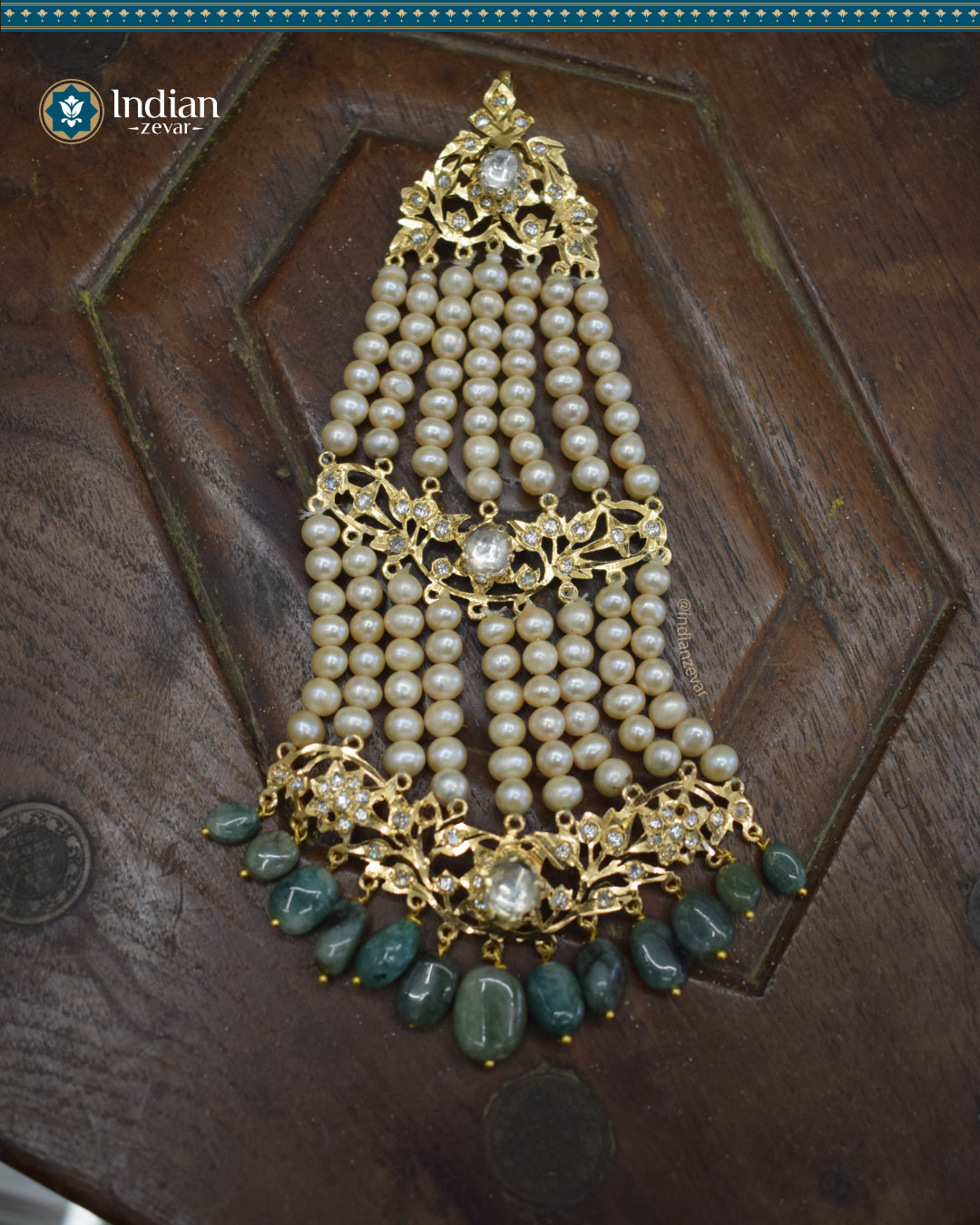 Hyderabadi Jadau Bridal Choker Set: Antique Pearls & Zambian Emeralds with Pachi Polki (Luxury 1)