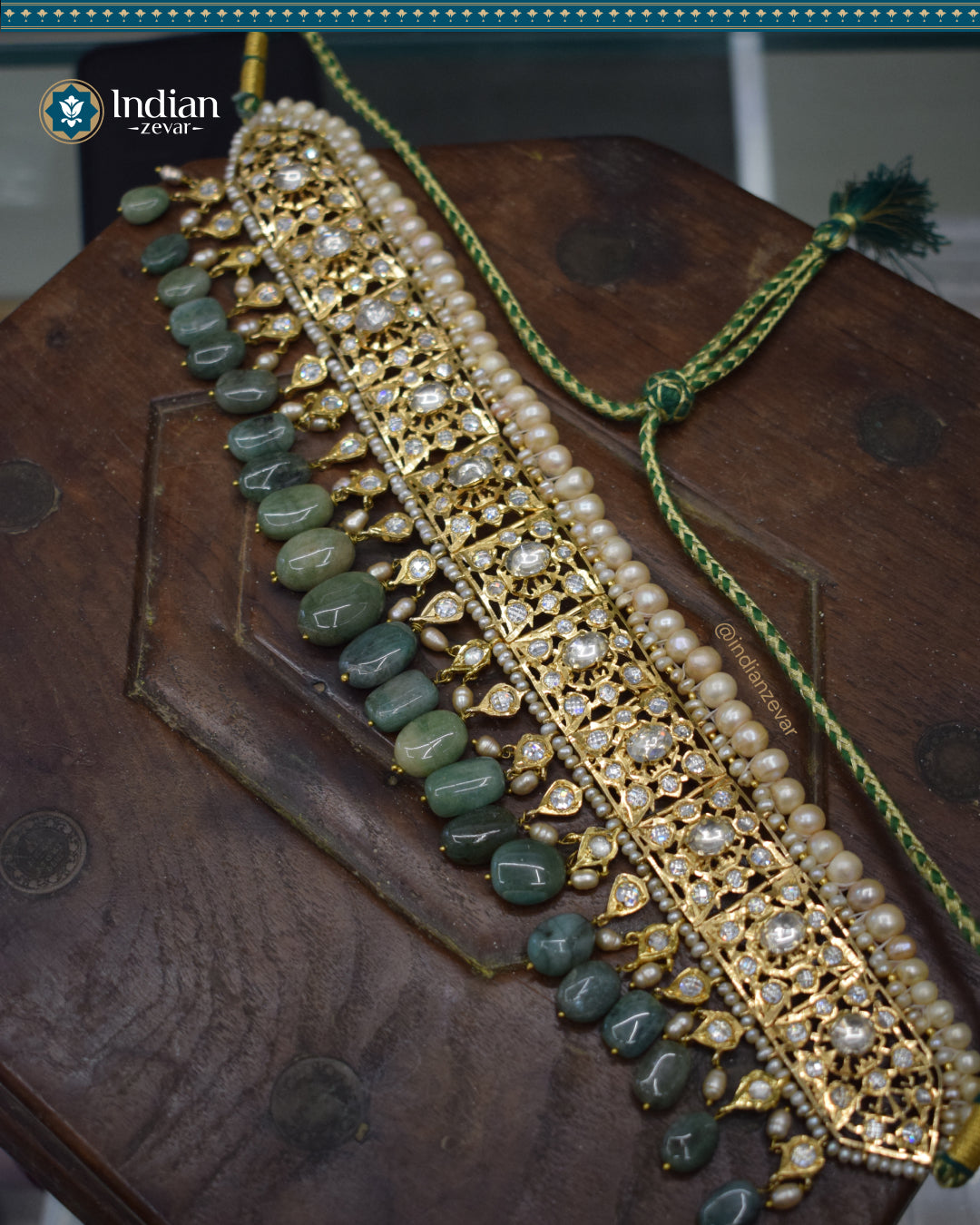 Hyderabadi Jadau Bridal Choker Set: Antique Pearls & Zambian Emeralds with Pachi Polki (Luxury 1)