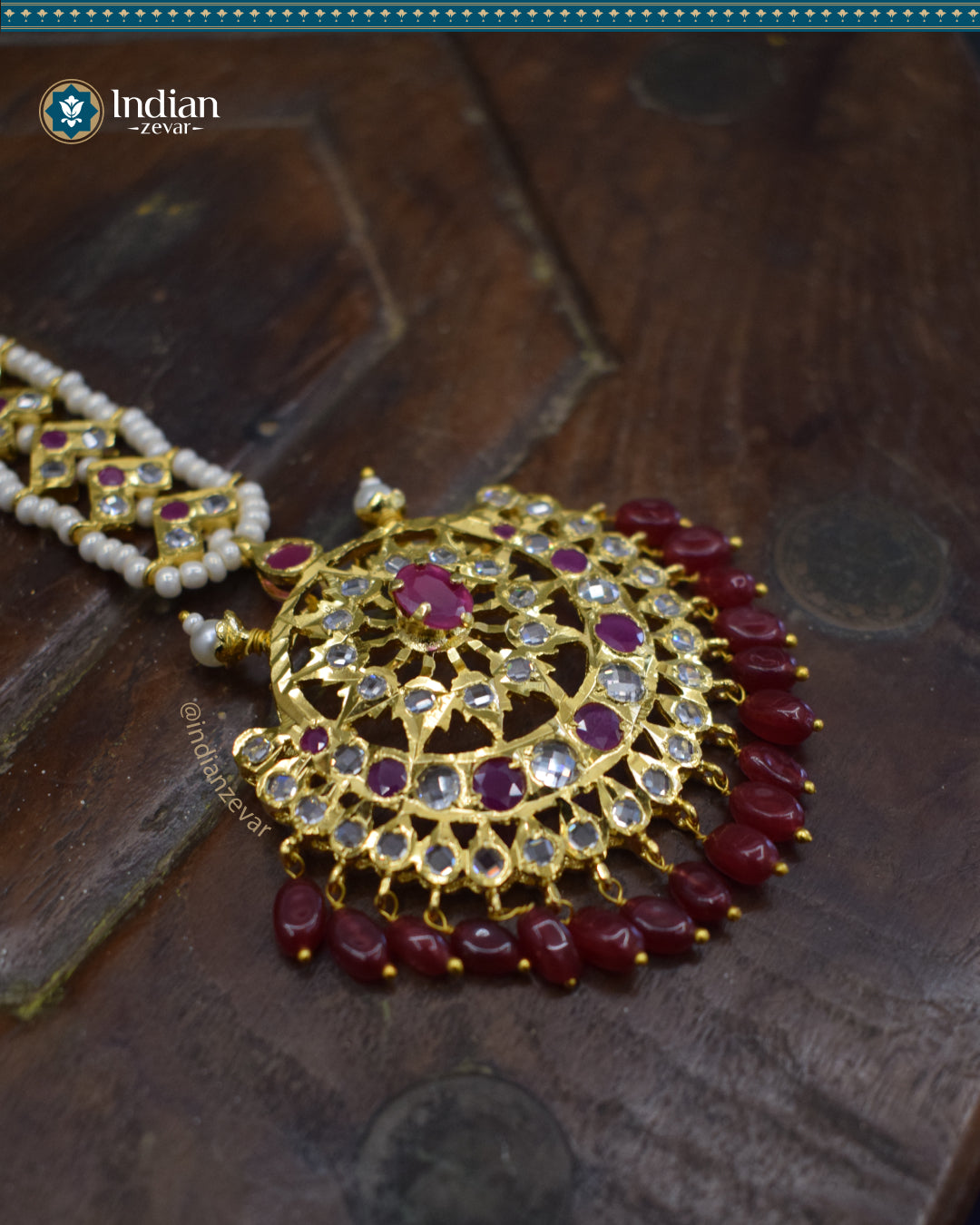 Hyderabadi Jadau Maang Tika with Dark Pink and White CZ Polki and Faux Pearls (Imitation 1)