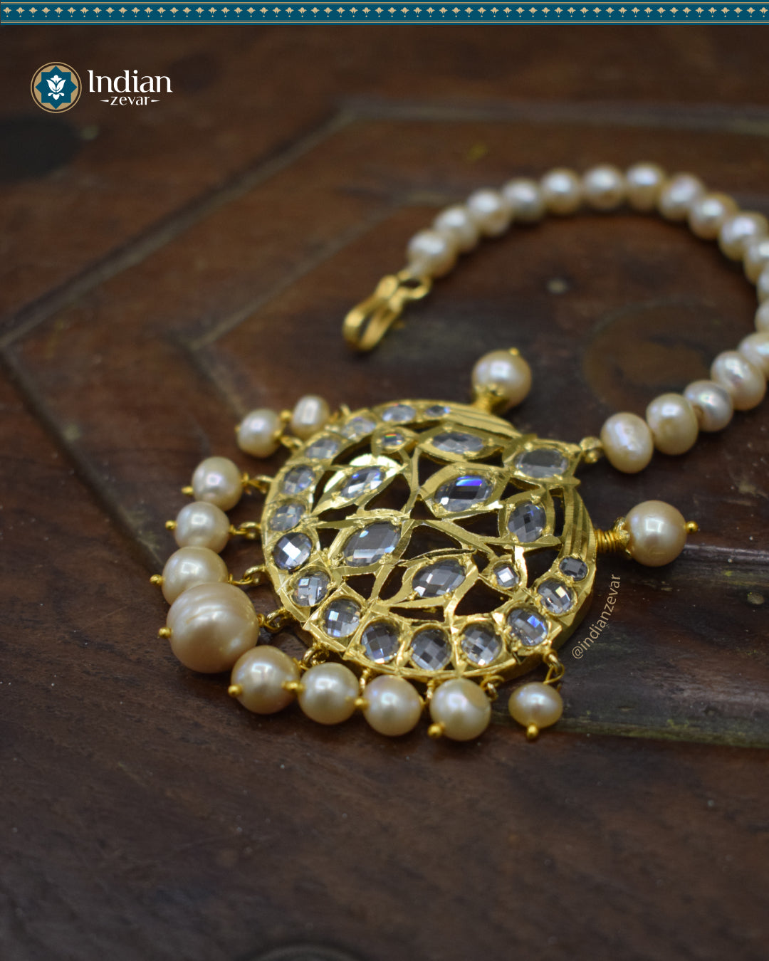 Hyderabadi Jadau Maang Tika with CZ Polki and Real Freshwater Pearls (Essential 4)