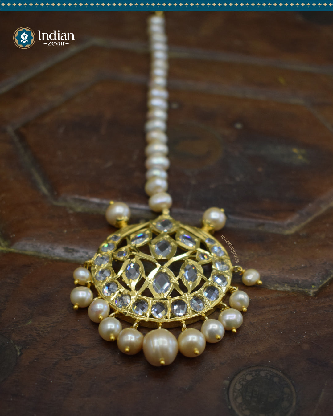 Hyderabadi Jadau Maang Tika with CZ Polki and Real Freshwater Pearls (Essential 4)