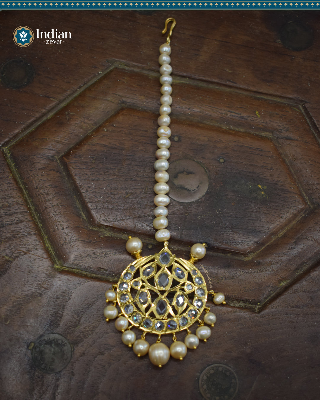 Hyderabadi Jadau Maang Tika with CZ Polki and Real Freshwater Pearls (Essential 4)