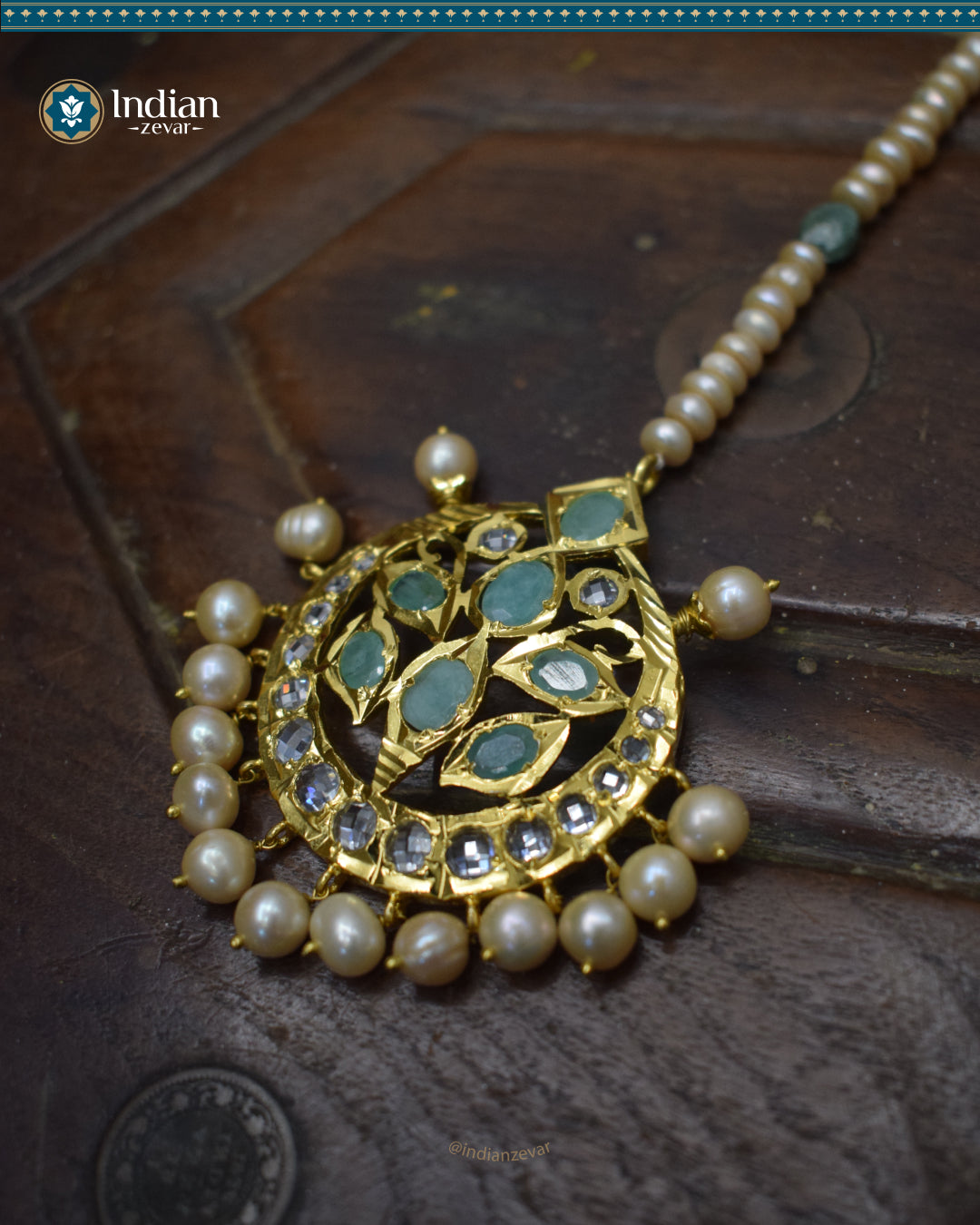 Hyderabadi Jadau Maang Tika with Emeralds, CZ Polki, and Real Freshwater Pearls (Essential 2)