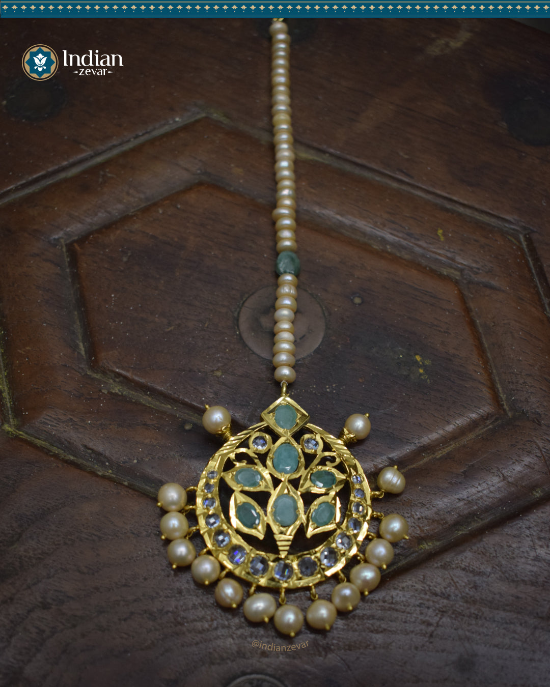 Hyderabadi Jadau Maang Tika with Emeralds, CZ Polki, and Real Freshwater Pearls (Essential 2)