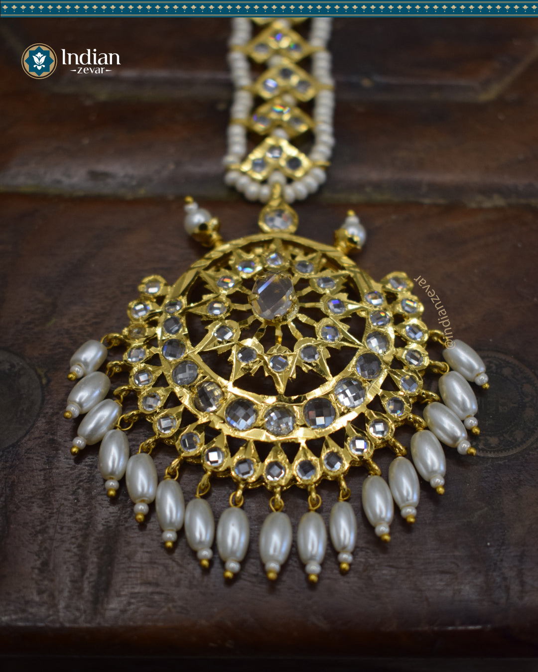 Hyderabadi Jadau Big Maang Tika with CZ Polki and Faux Freshwater Pearls (Imitation 1)