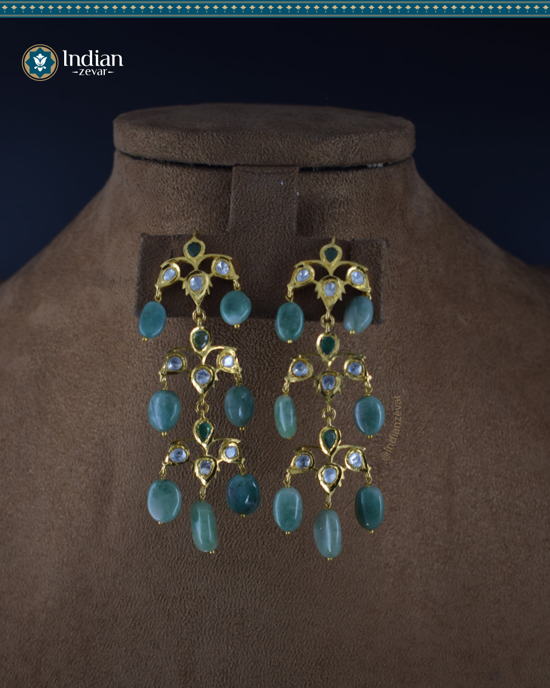 Sparkling Hyderabadi Jadau Chandelier Earrings: Pearls & Emerald Elegance (Signature 1)