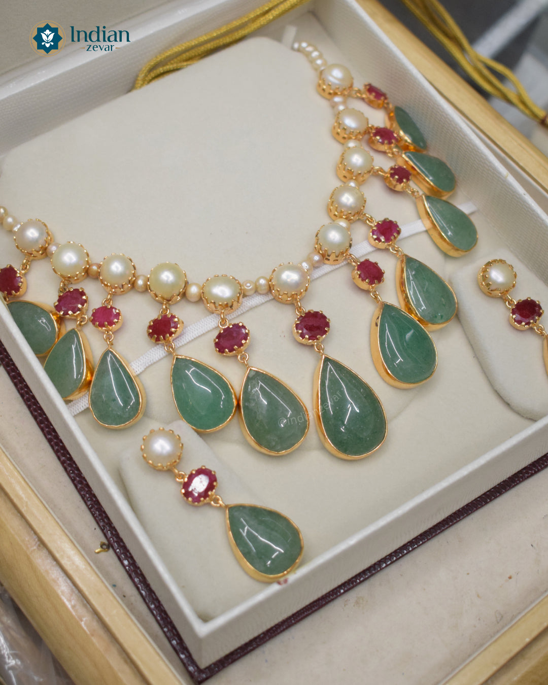 Freshwater Pearl Ruby Aventurine Drop Necklace | Indian Bridal Jewellery Set | Rani Haar & Pearl Choker Necklace by Indian Zevar