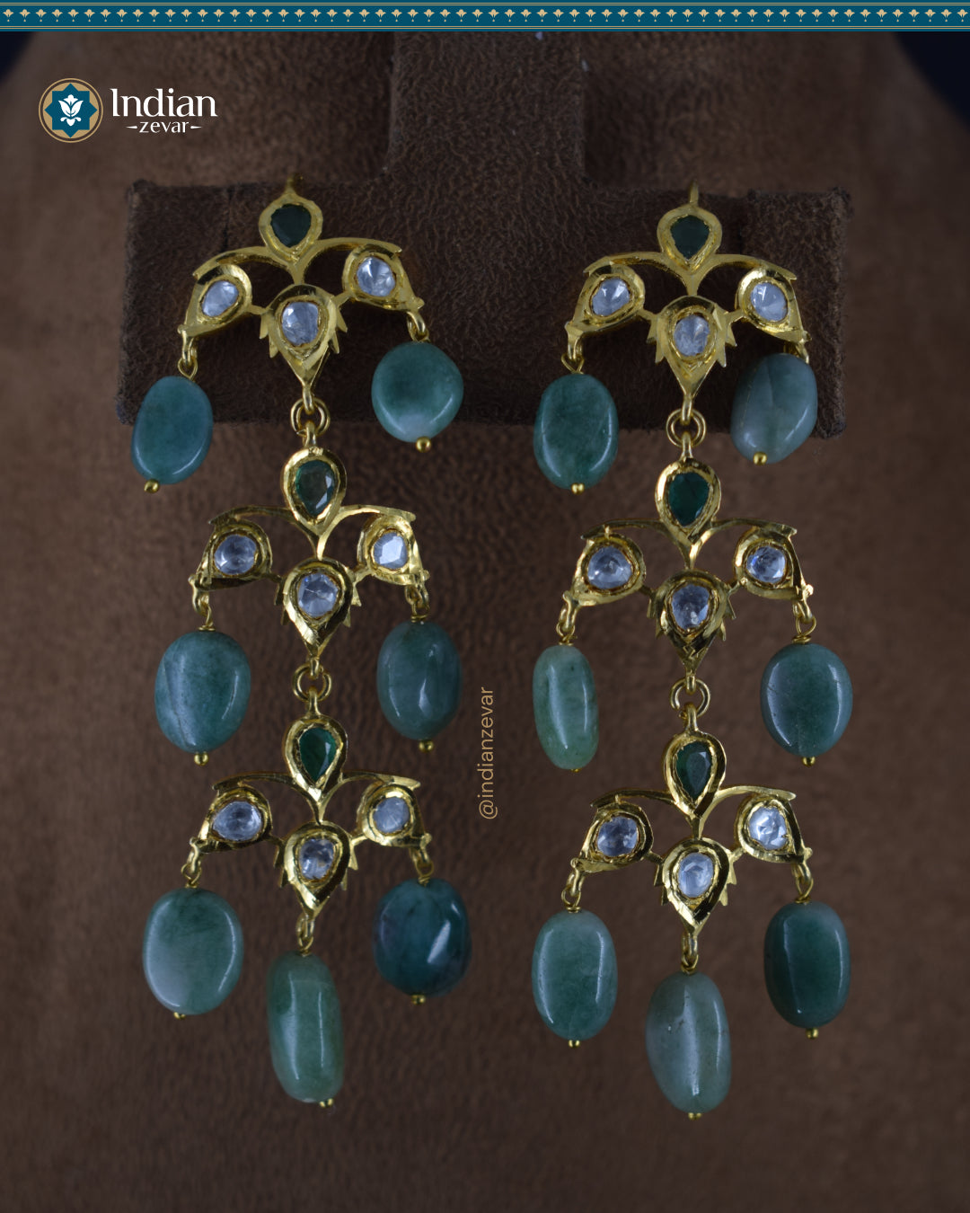 Sparkling Hyderabadi Jadau Chandelier Earrings: Pearls & Emerald Elegance (Signature 1)