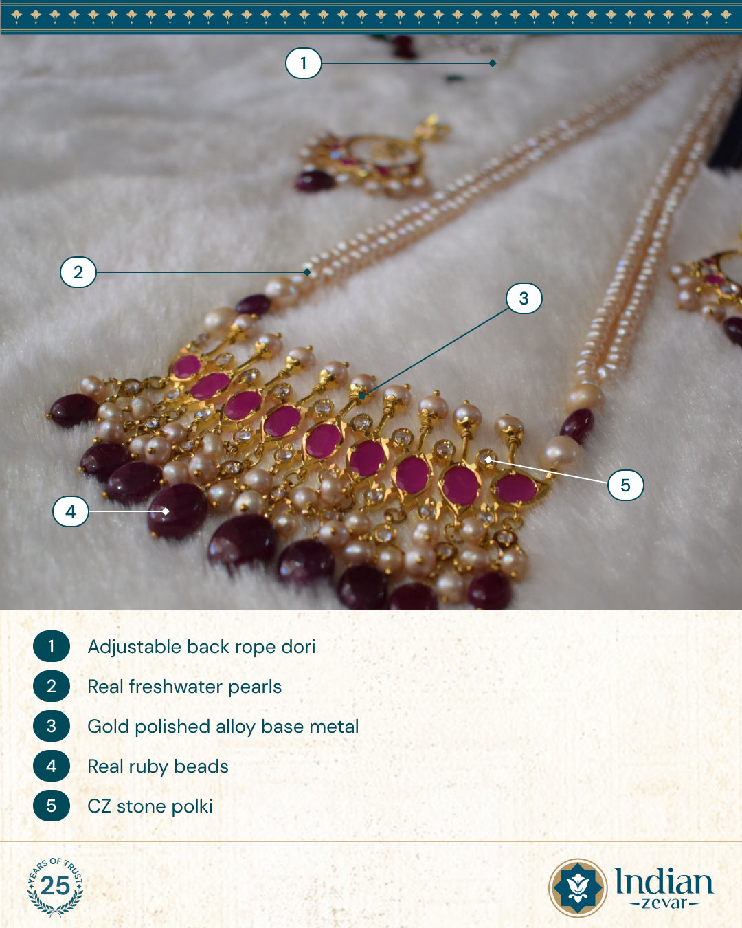 Hyderabadi Jadau Tirmani Necklace Set: Pearls & Ruby Delight (Essential 2)