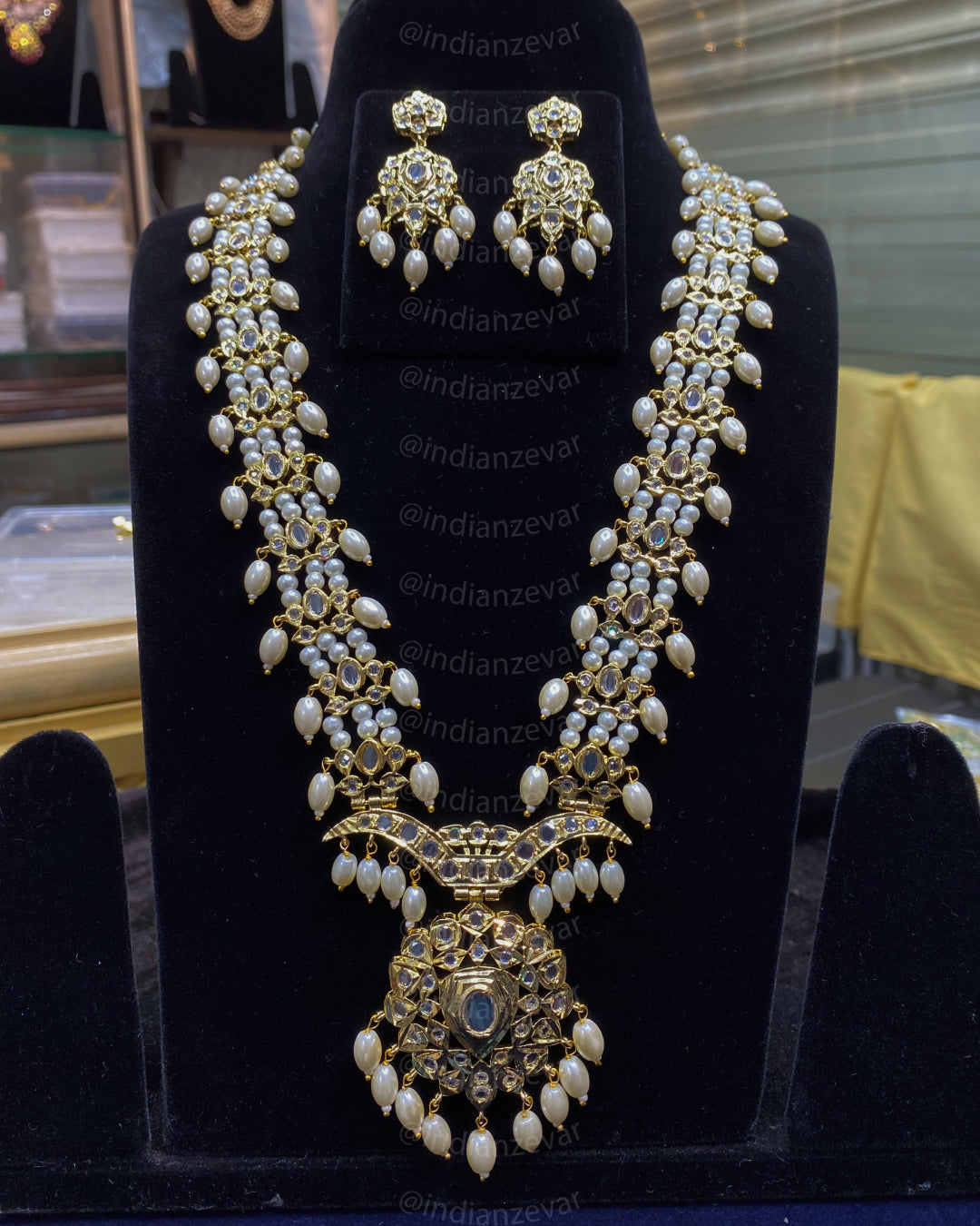 Hyderabadi Bridal Rani Haar Necklace with CZ Polki and Faux Pearls