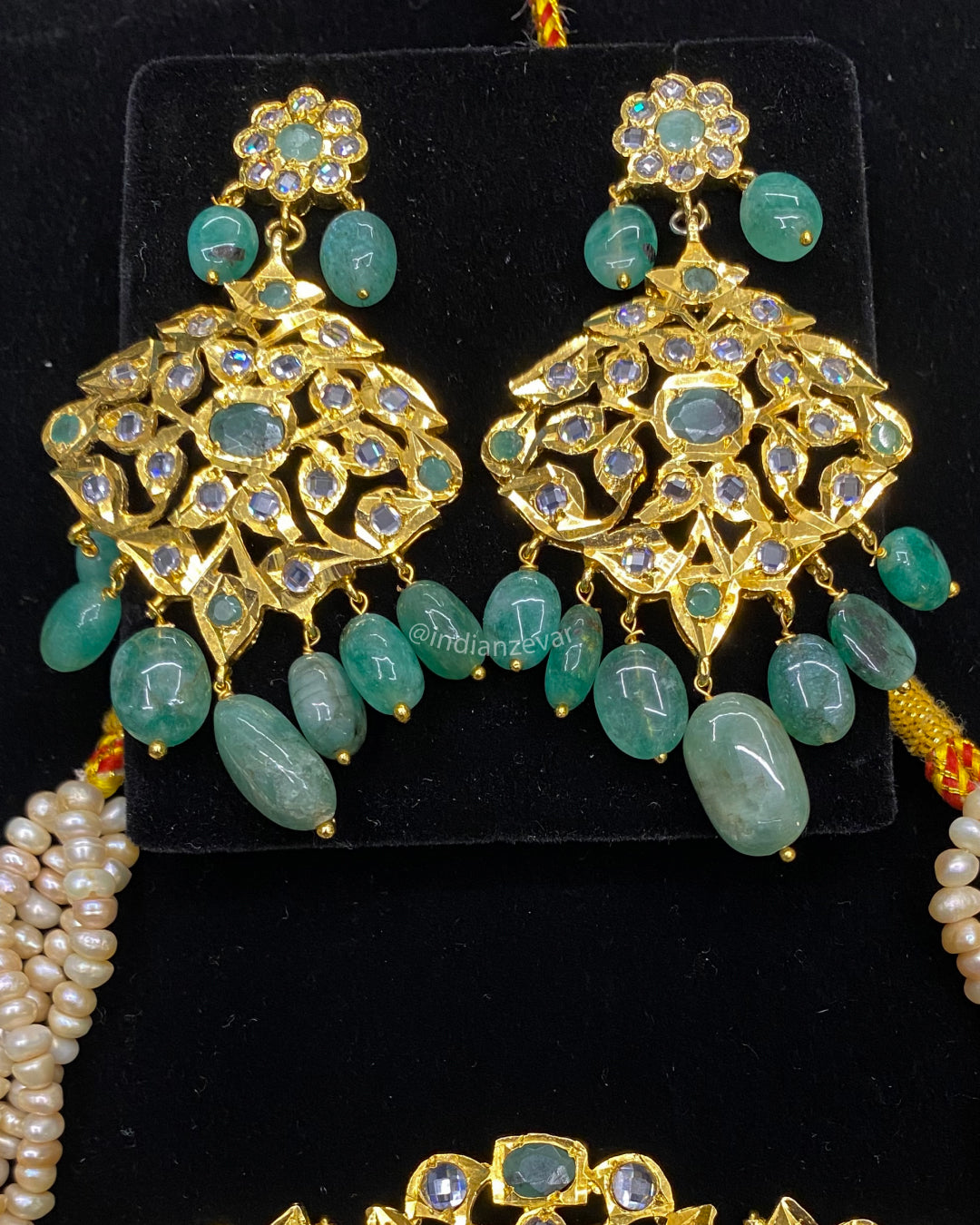 Bridal sets in Hyderabadi Jadau design, pearl choker necklace set with emeralds and Polki stones, traditional gold choker designs, Rani haar with pearls, pearl bridal set Hyderabad, Polki bridal sets price in India, buy kundan necklace online USA.