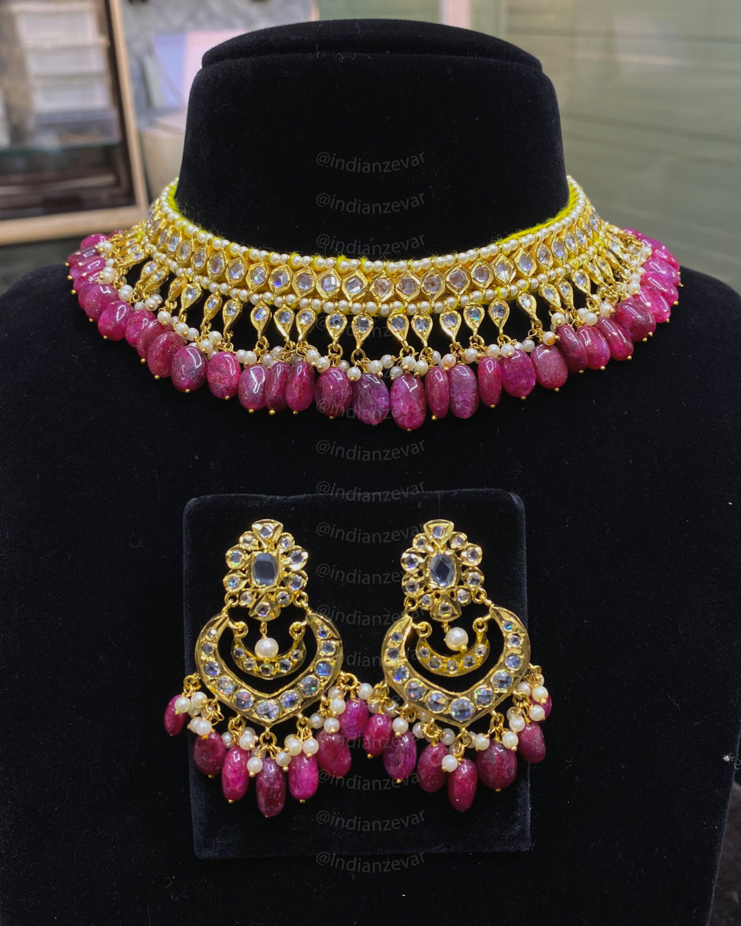 Hyderabadi Gul Bandh Choker Necklace – Gold Polished Barfi Design with Ruby Beads & Pearls | Indian Bridal & Wedding Jewellery