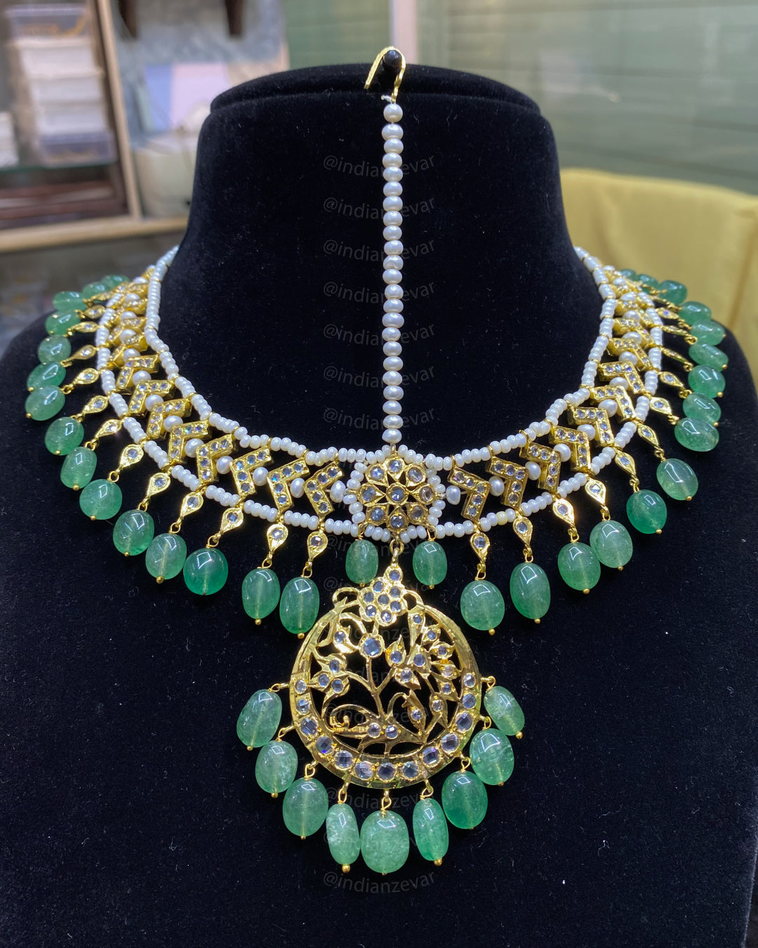 Hyderabadi Matha Patti Bindi Haar Gold Polished Bridal Jewellery, Traditional Bindi Haar with Polki and Bead Work.