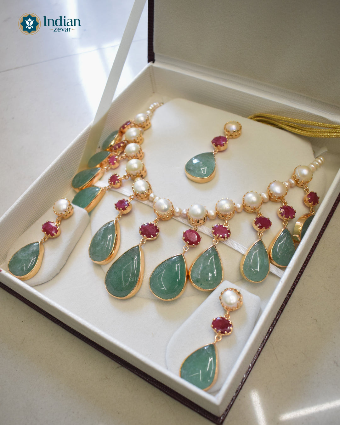 Freshwater Pearl Ruby Aventurine Drop Necklace – Hyderabadi Bridal Jewellery Set with 18k Gold Polish by Indian Zevar