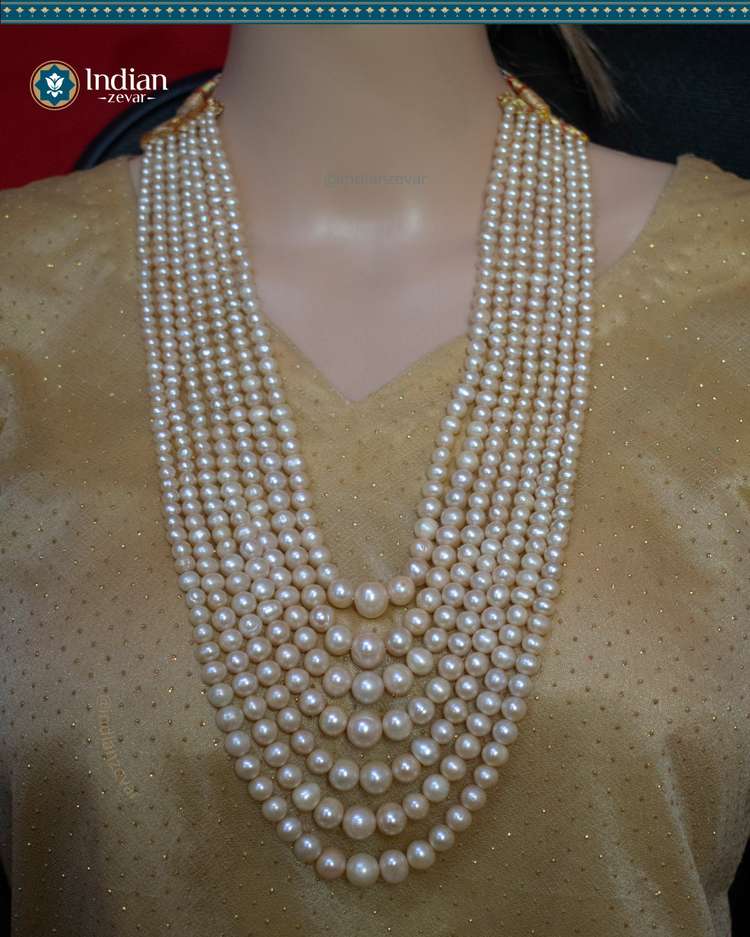 A beautiful gradation pearl sathlada necklace with seven strings of real freshwater pearls, perfect for adding a touch of elegance to any outfit.