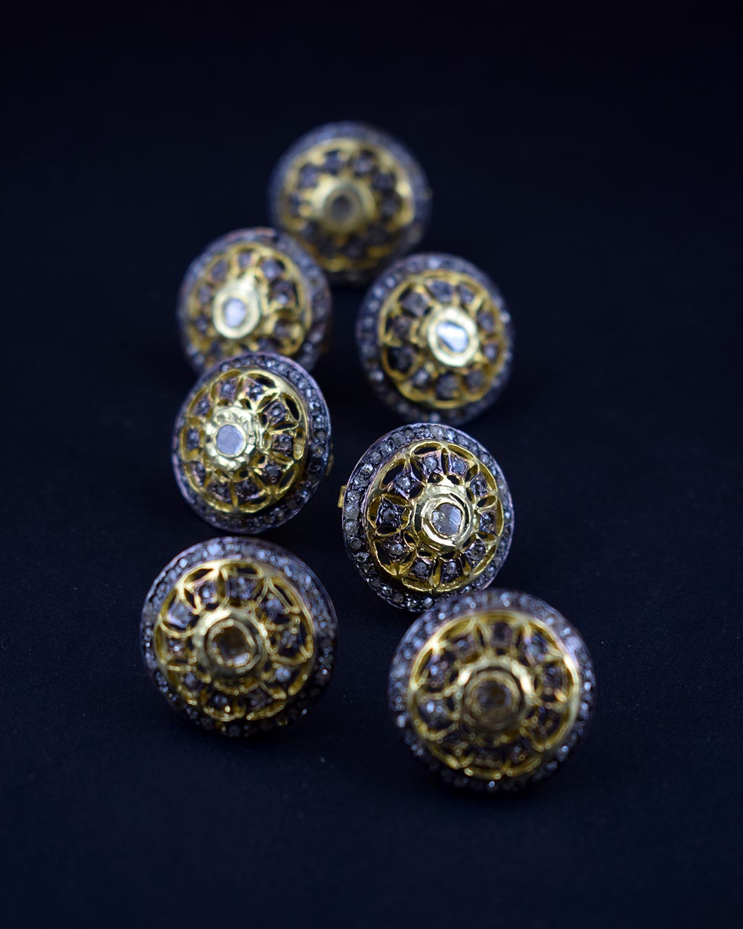 Vintage Charm: 92.5 Silver Almas Polki Victorian Button Set (Shervani, Set of 7)