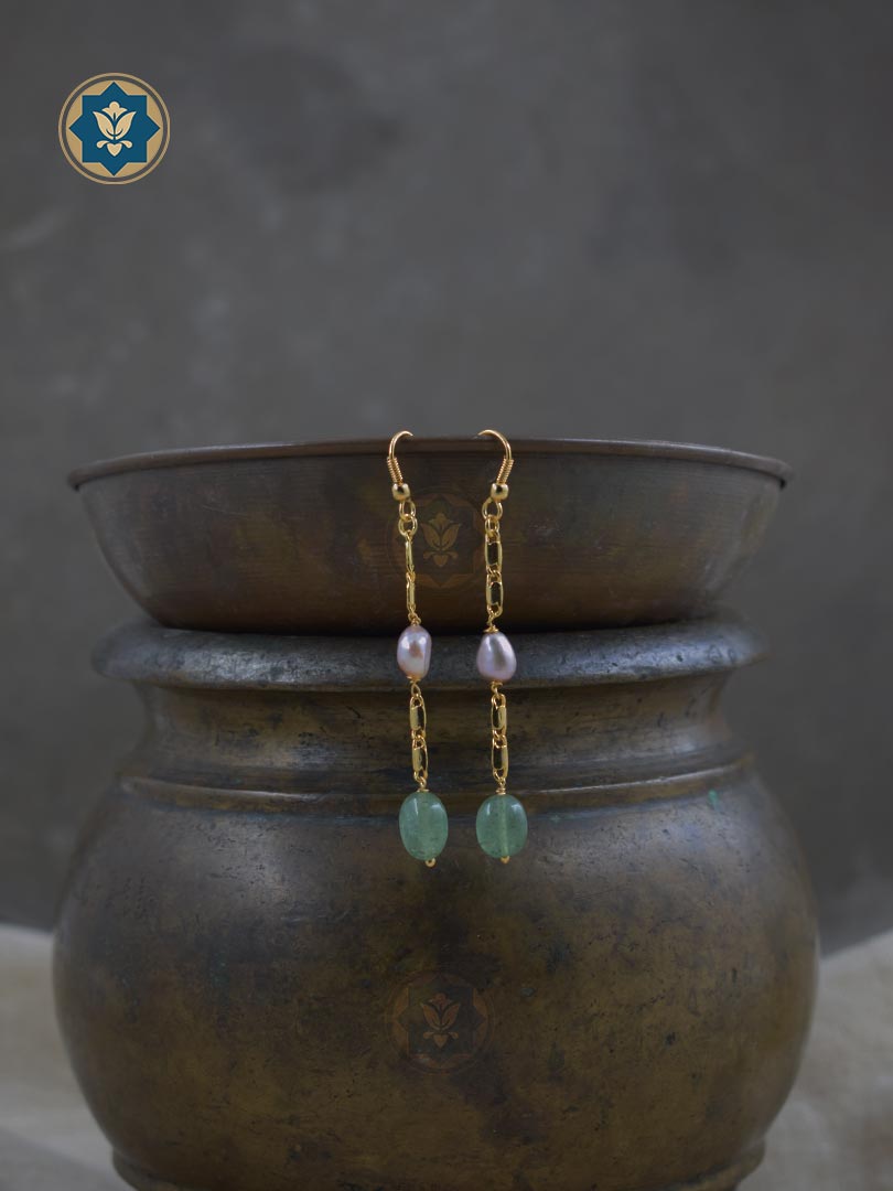 Handmade Sweetheart Earrings with Real Pearls and Green Aventurine Beads, Gold Plated Hooks