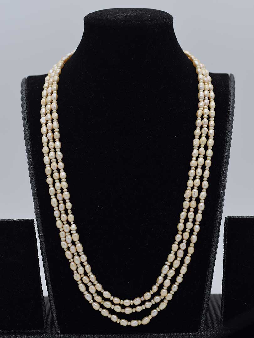Classic Elegance: Freshwater Pearl Beaded Necklace (3 Strands, Indian Inspired)