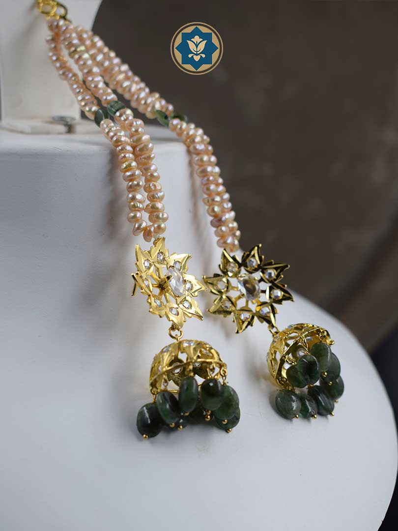 Handmade Jhumke Karanphool Earrings with Real Freshwater Pearls and Dark Emeralds