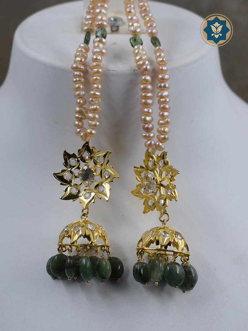 Handmade Jhumke Karanphool Earrings with Real Freshwater Pearls and Dark Emeralds