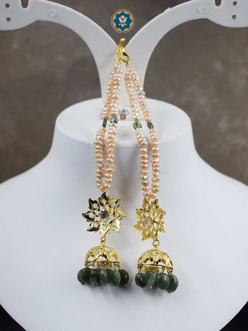 Handmade Jhumke Karanphool Earrings with Real Freshwater Pearls and Dark Emeralds