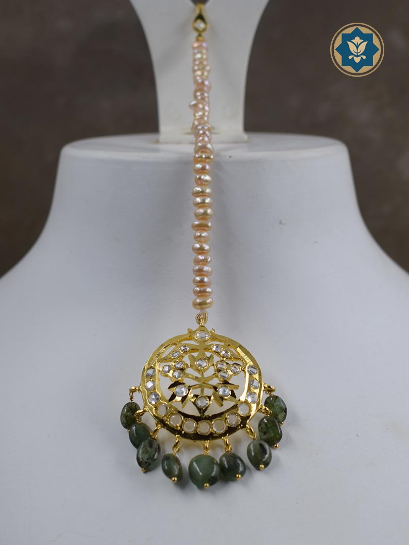 Traditional Hyderabadi Choker Set with Freshwater Pearls and Emeralds - 6ct Gold Plated