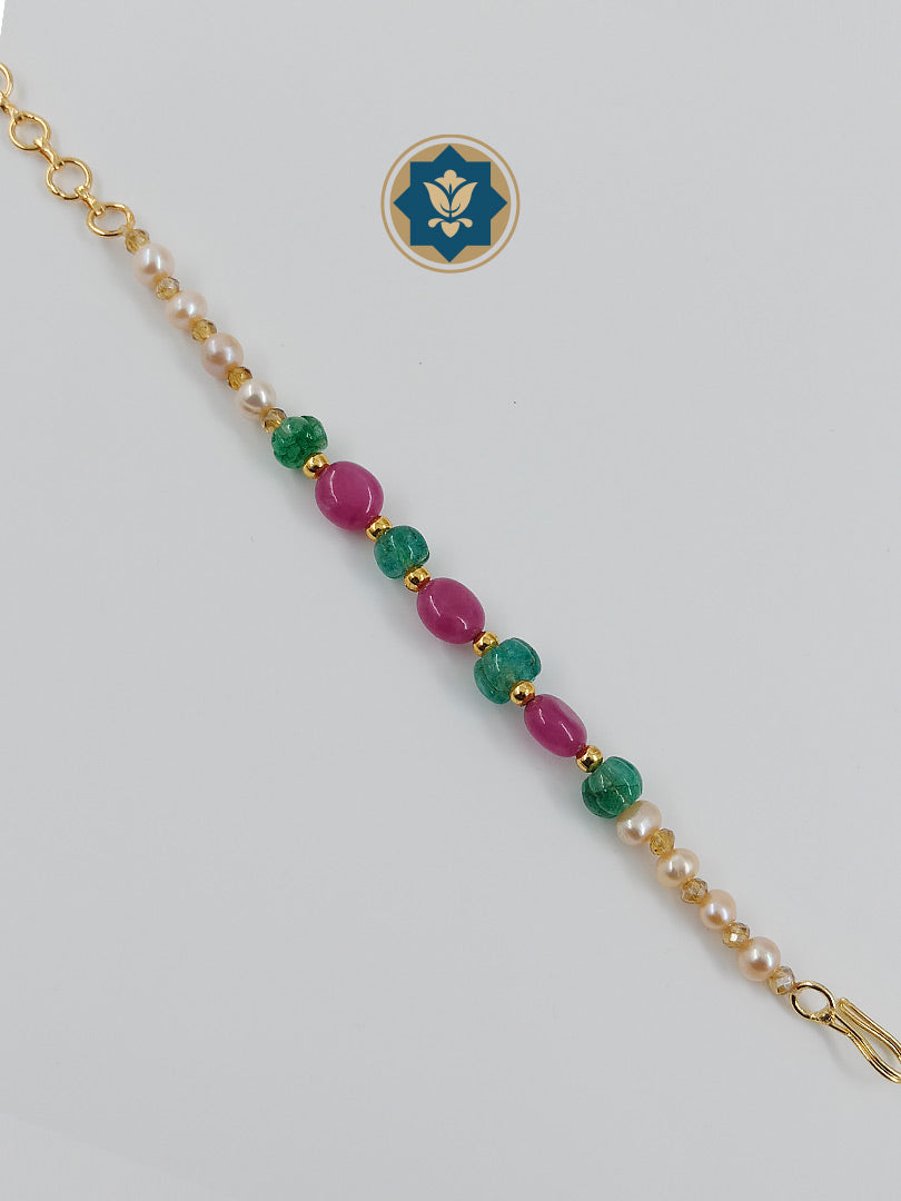 Real Pearls Bracelet with Green Pumpkin and Pink Stone Beaded