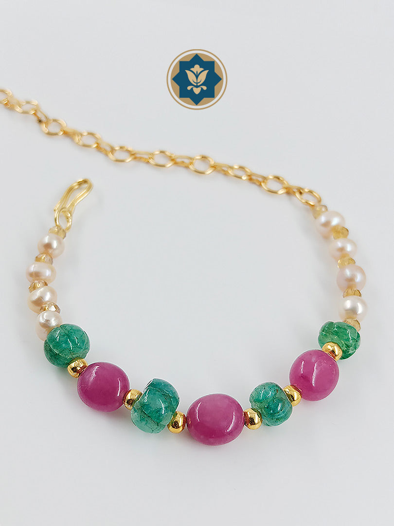 Real Pearls Bracelet with Green Pumpkin and Pink Stone Beaded