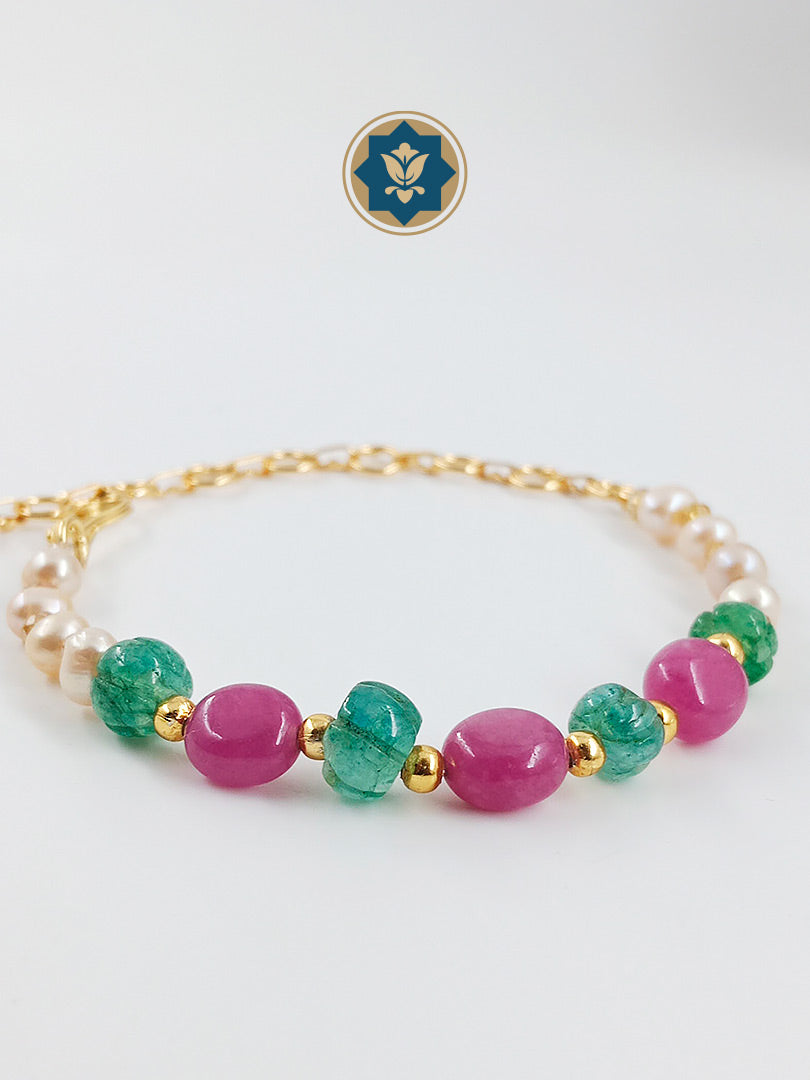 Real Pearls Bracelet with Green Pumpkin and Pink Stone Beaded