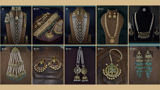 A picture displaying a variety of traditional Hyderabadi pearl jewelry pieces, including necklaces, earrings, and head ornaments
