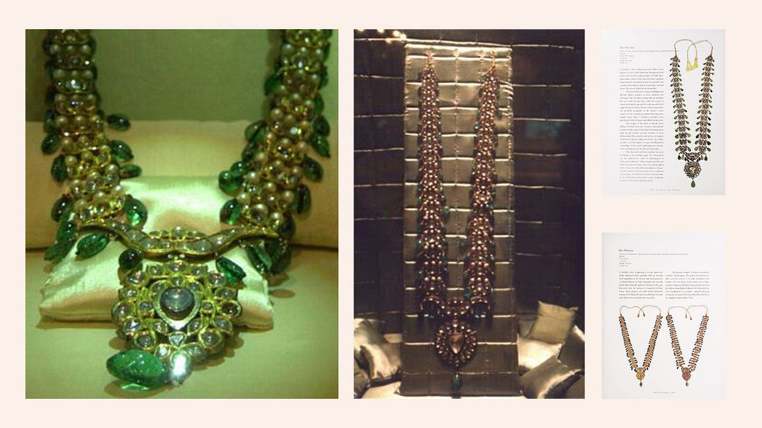 A display of two antique Asif Jahi necklaces featuring pearls and green gemstones, alongside line drawings of similar jewelry pieces from a book.