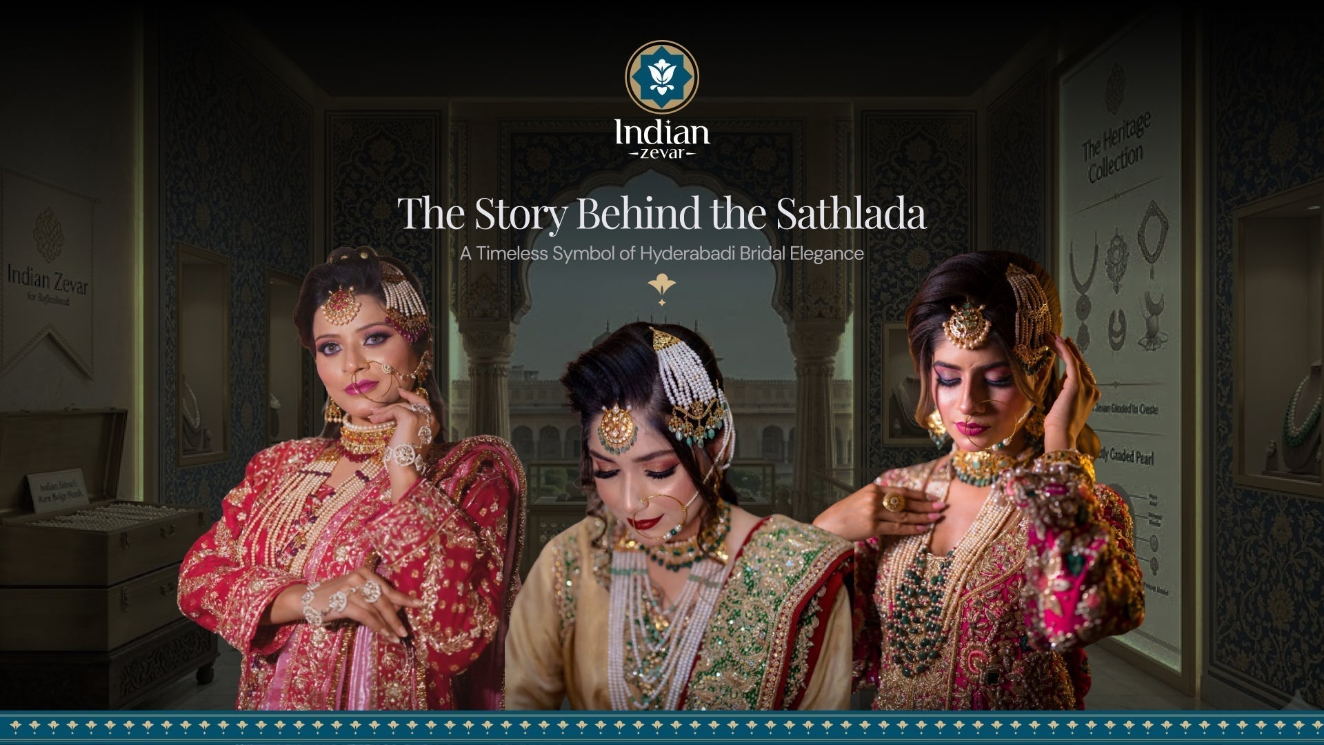 Hyderabadi bride wearing traditional Sathlada pearl necklace inspired by Nizami heritage and royal bridal jewellery.