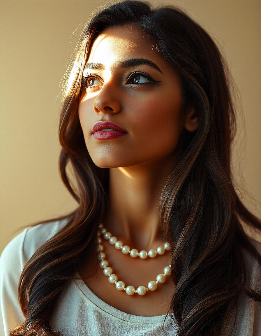 A serene image of a beautiful Indian woman with loose brown waves, wearing a lustrous pearl necklace that shines subtly. Dressed casually, she gazes upward peacefully. The soft beige background highlights her natural beauty and the glowing pearls.