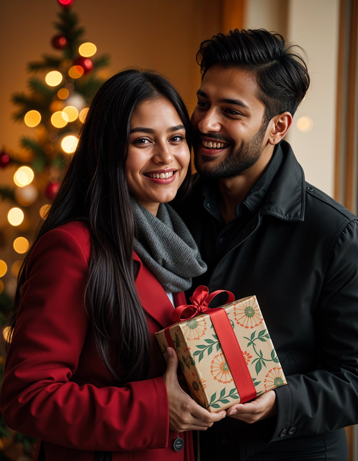 Young Indian couple holding a gift box, smiling. Festive setting with Christmas tree. Indian Zevar gifting jewelry collection.