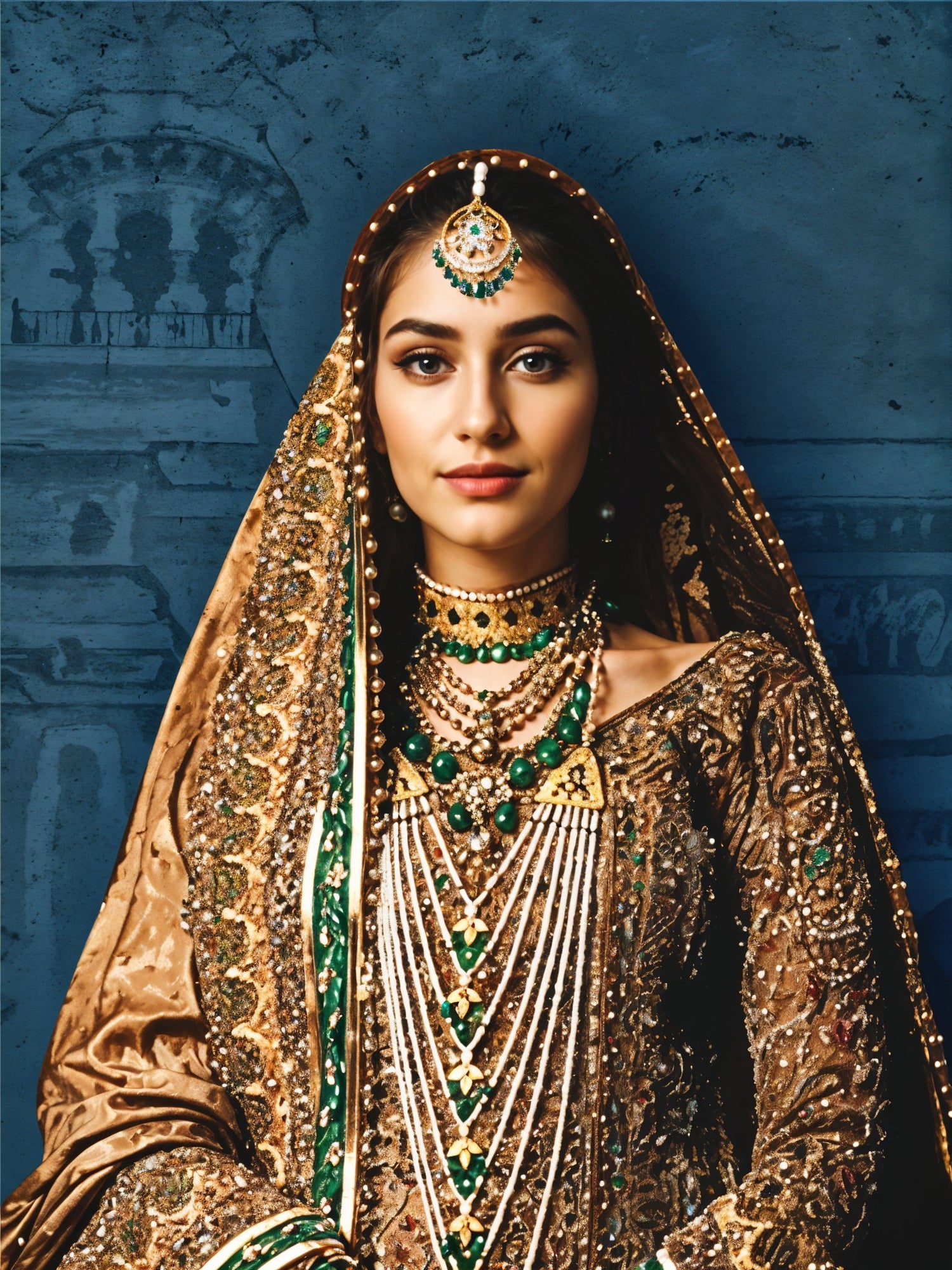 A young woman in traditional bridal attire with an ornate gold, brown, and green outfit. She wears a maang tikka and pearls layered necklace, with a muted blue background featuring subtle architectural details.
