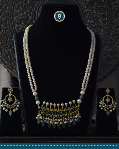 Hyderabadi Jadau Tirmani Necklace Set: Pearls & Strawberry Emerald Delight (Essential 1)
