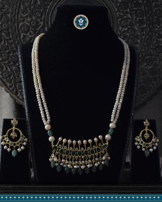 Hyderabadi Jadau Tirmani Necklace Set: Pearls & Strawberry Emerald Delight (Essential 1)