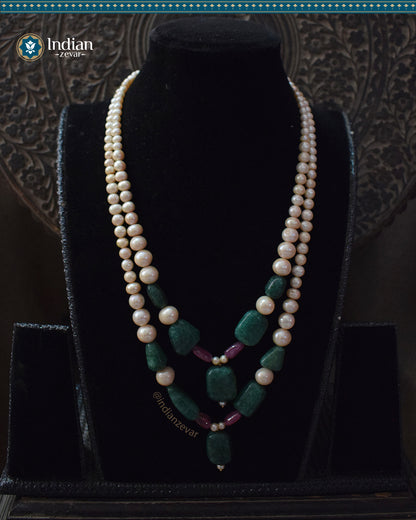 Effortless Elegance: Double Strand Gradation Pearl, Beryl Emerald & ruby Necklace