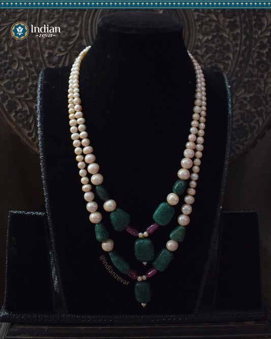 Effortless Elegance: Double Strand Gradation Pearl, Beryl Emerald & ruby Necklace