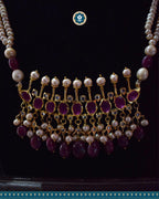 Hyderabadi Jadau Tirmani Necklace Set: Pearls & Ruby Delight (Essential 2)
