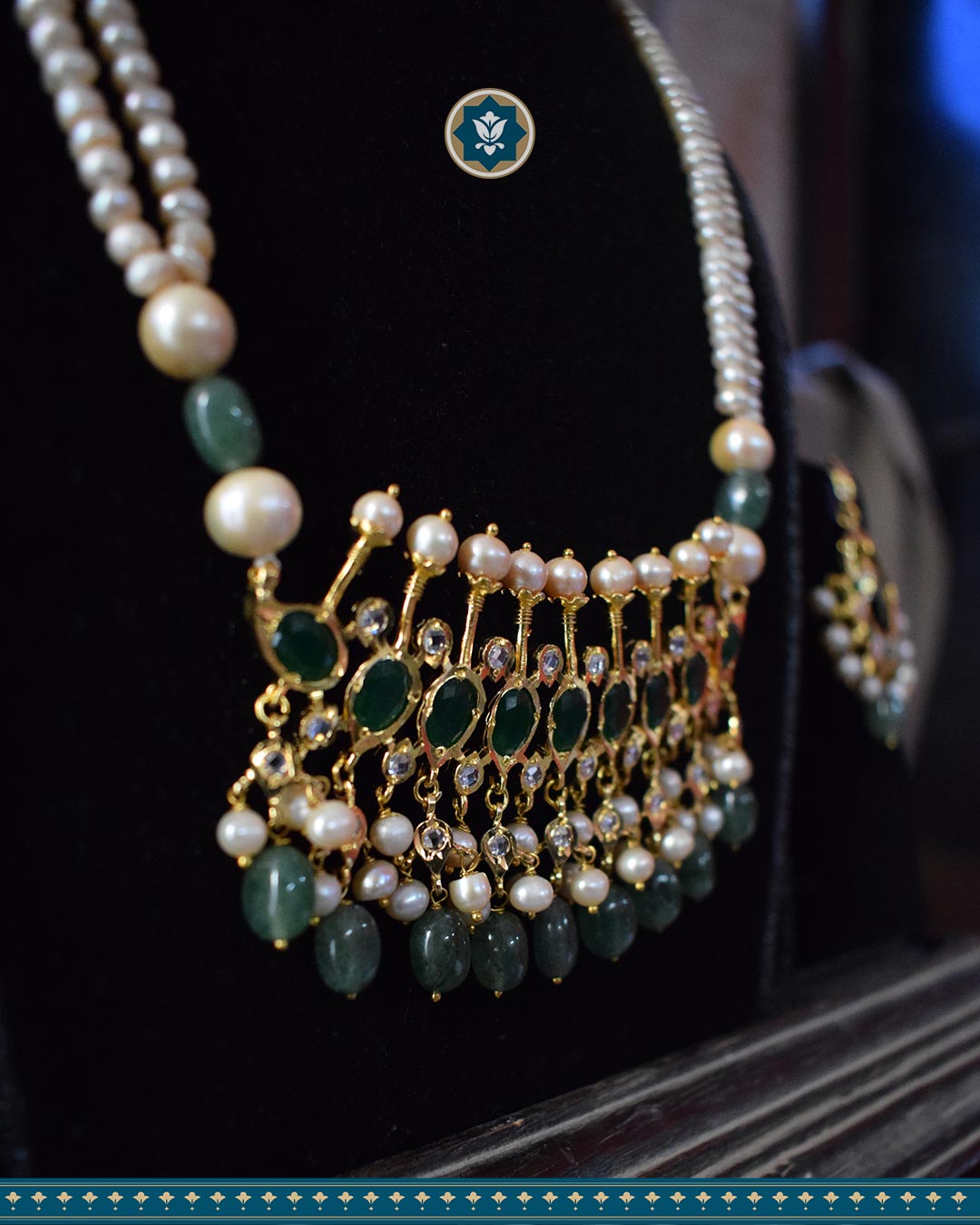 Hyderabadi Jadau Tirmani Necklace Set: Pearls & Strawberry Emerald Delight (Essential 1)